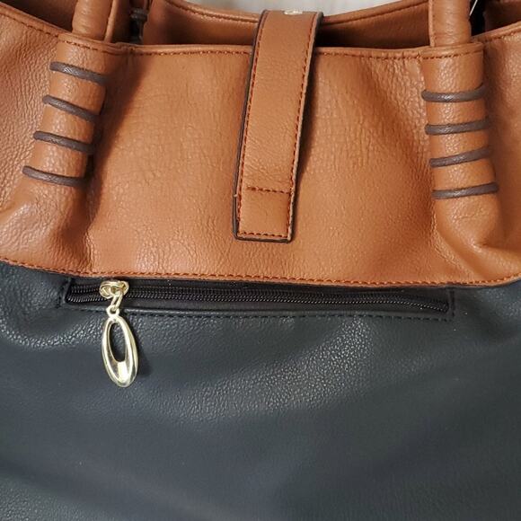 Black Rivet Purse Two Tone Black and Cognac Double Handle Bag w/Shoulder Strap - Picture 3 of 16